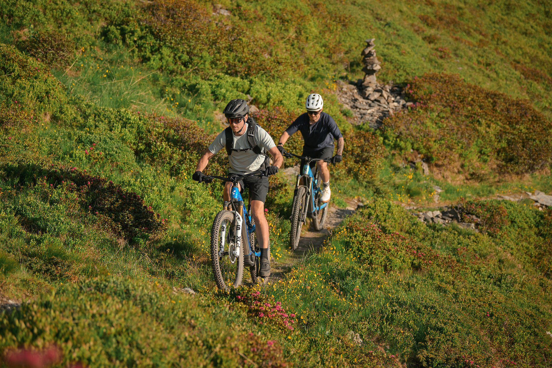 Zwei Mountainbiker auf einem schmalen Trail über einer sonnigen Bergwiese