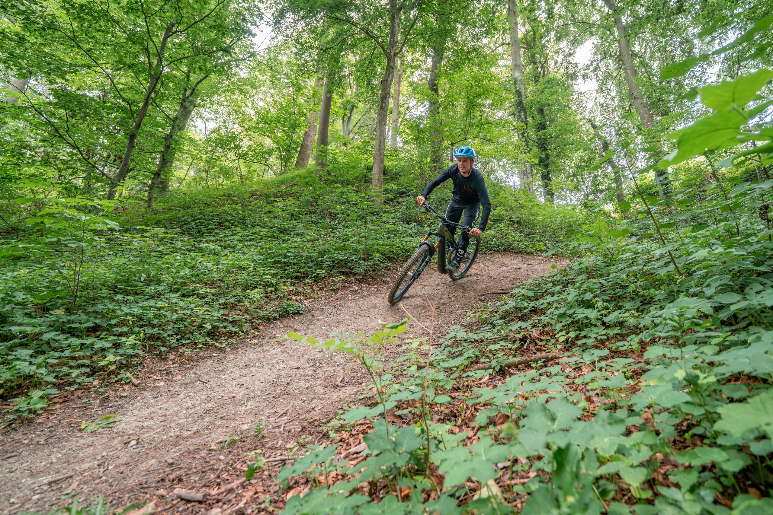 E-Mountainbiker mit Helm fährt über einen Trail im Wald